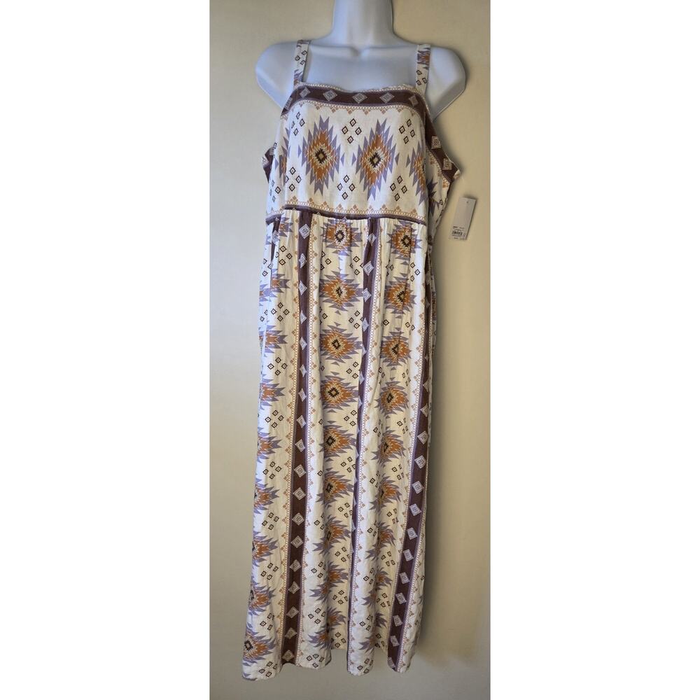 Sonoma Womens L Long Sun Dress Aztec Earthy Geometric Linen Blend Pockets NWT